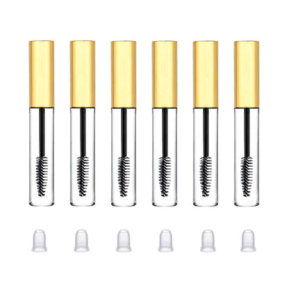 6 Pcs 10 ml Empty Mascara Tubes with Wands and Rubber Inserts Clear Plastic Refillable Eyelash Bottle Mascara Container for DIY Cosmetics (Gold)