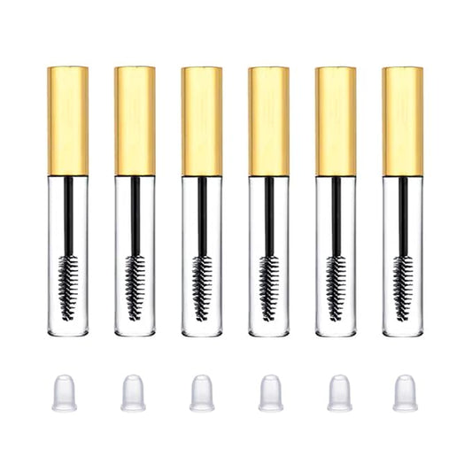 6 Pcs 10 ml Empty Mascara Tubes with Wands and Rubber Inserts Clear Plastic Refillable Eyelash Bottle Mascara Container for DIY Cosmetics (Gold)
