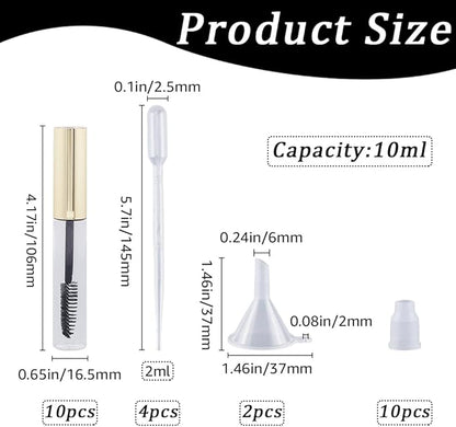 GORGECRAFT 10Pcs 10ml Empty Mascara Tube Bottle Transparent Plastic Eyelash Wand Containers Bottles with Rubber Inserts 4Pcs 2ml Dropper 2Pcs Mini Funnel Hopper for Castor Oil DIY Cosmetics Kit Gold