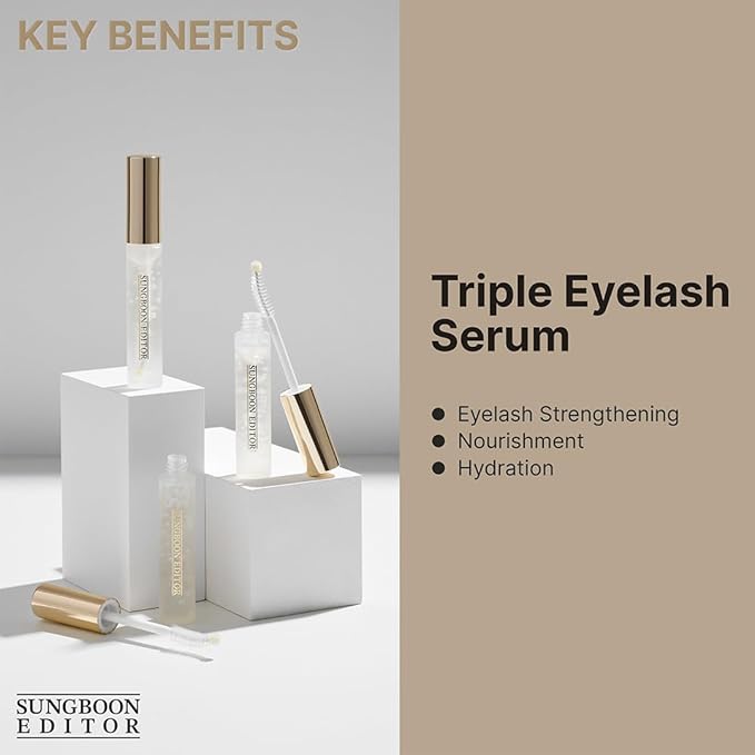 SUNGBOON EDITOR Triple Active Eyelash Serum | Strengthens and Nourishes Weak,Damaged Lashes | C-Curl Brush and Ball Tip Design | Gentle, Tear-Like pH for Daily Use | Korean Eyelash Care Serum