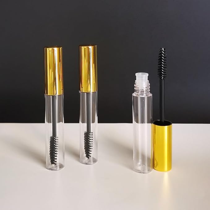 6 Pcs 10 ml Empty Mascara Tubes with Wands and Rubber Inserts Clear Plastic Refillable Eyelash Bottle Mascara Container for DIY Cosmetics (Gold)
