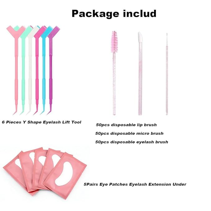 50 Pink Lash Spoolies for Eyelash Extensions, 50 Lip Brush for Lipstick, 50 Micro Swabs for Eyebrow Lamination,6Pcs Y Shape Eyelash Lift Tool Eyelash Brush,5 Pairs Lint Free Under Eye Gel Pads