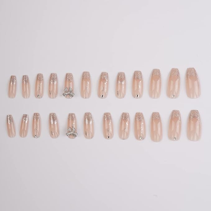 Xerling Silver Glitter Press on Nails with Bow Coffin Fake Nails Full Cover Transparent False Nails Bling Stick on Nails 24Pcs