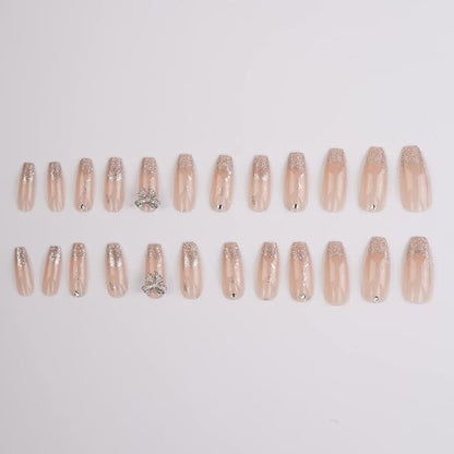 Xerling Silver Glitter Press on Nails with Bow Coffin Fake Nails Full Cover Transparent False Nails Bling Stick on Nails 24Pcs