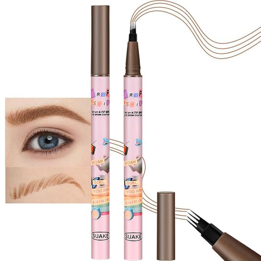 evpct 1Pcs Medium Brown Magic Microblading Eyebrow Contouring Pen Brow Pencil with Hair Like Strokes, 4 Tipped Precise Brow Pencil with Brush Micro-Fork Tips Applicator Natural Looking Brows