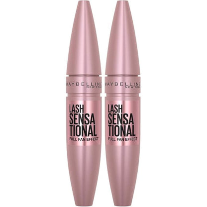 Maybelline Lash Sensational Washable Mascara, Lengthening and Volumizing for a Full Fan Effect, Blackest Black, 2 Count