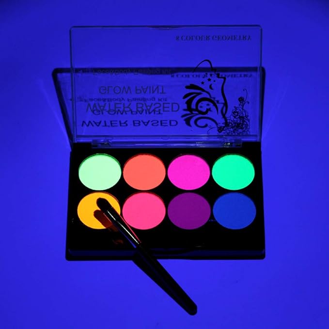 UV Face Paint Kit, Glow In The Dark Paint, Neon Fluorescent Body Painting 8 Colors Professional Brush,Water Based Black Lights Makeup for Kids Adults,Halloween Party Supplies,Projects Costumes Theater