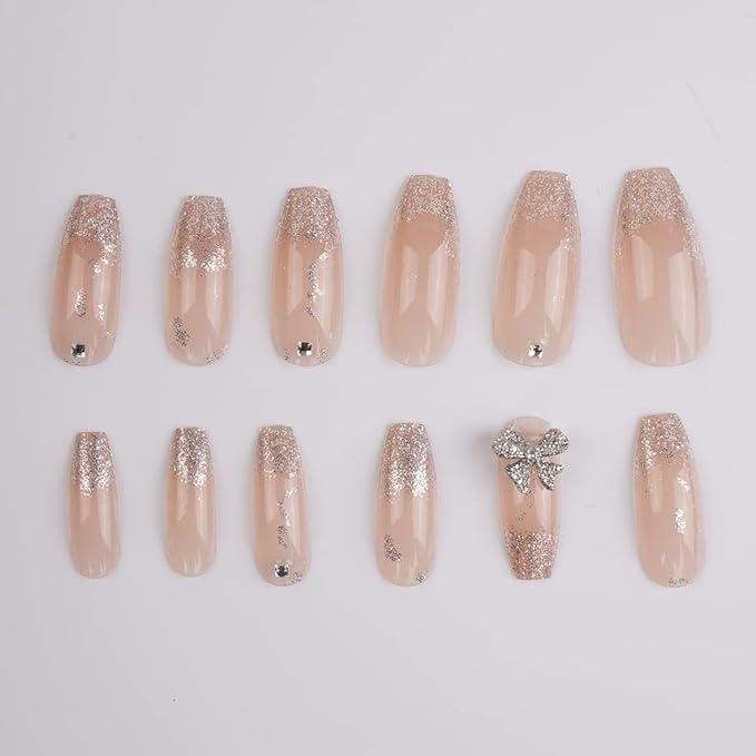 Xerling Silver Glitter Press on Nails with Bow Coffin Fake Nails Full Cover Transparent False Nails Bling Stick on Nails 24Pcs