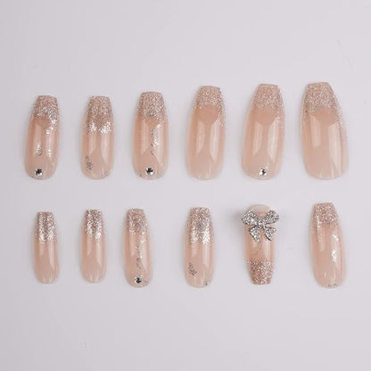 Xerling Silver Glitter Press on Nails with Bow Coffin Fake Nails Full Cover Transparent False Nails Bling Stick on Nails 24Pcs