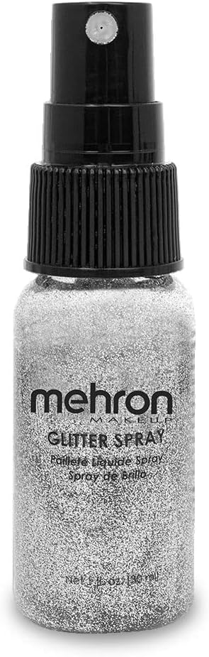 Mehron Makeup GlitterSpray | Hair and Body Glitter Spray | Body Shimmer Spray 1 fl oz (30 ml) (Silver) Perfect for Beauty, Theater, Halloween, Parties, Festivals, Concerts, and More