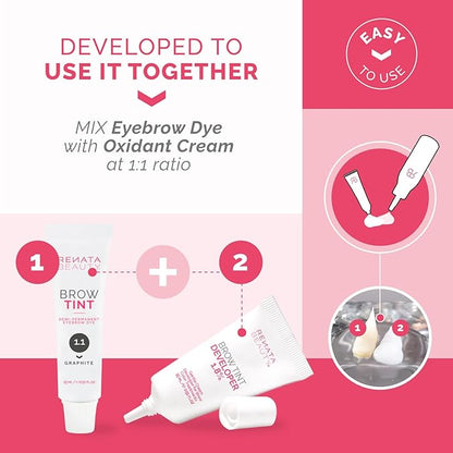 RB RENATA BEAUTY Brow Tint Kit – Eyebrow Tint Set – Dye Kit with Color Tint, Cream Developer and Styling Brush – Long-Lasting Effect Up to 4 Weeks – 30 Applications [Graphite]