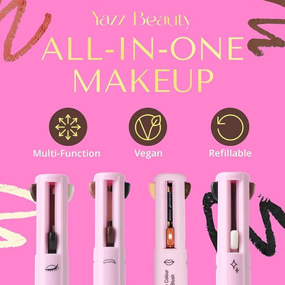 YazzBeauty - 4 in 1 Makeup Touch Up Pen with Brown Mauve Lip Liner, Black Eyeliner, Dark Brown Eyebrow Pencil, and Champagne Gold Highlighter, Compact Beauty Pen, Smudge Proof, Vegan, Cruelty-Free