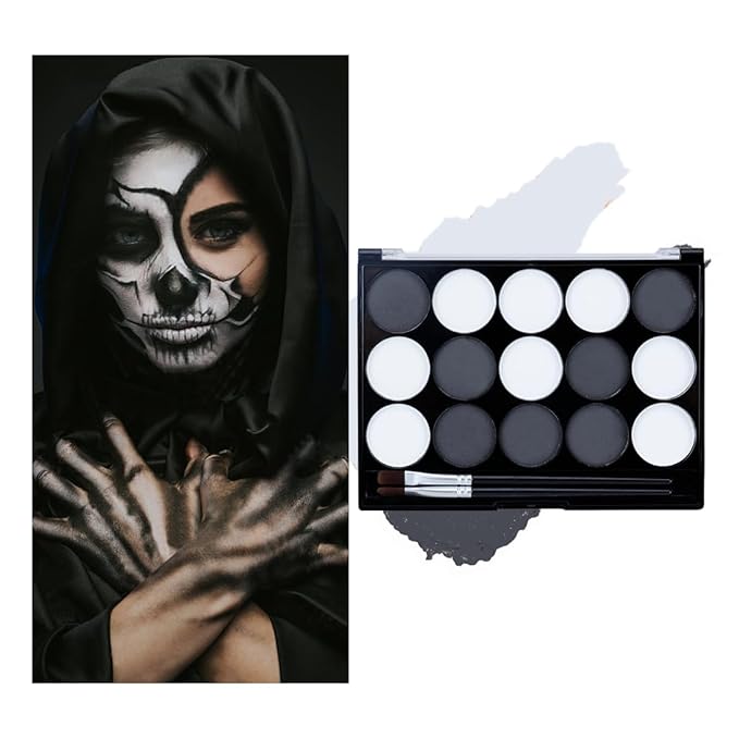 Black White Face Body Paint Kit with Brushes for Art Theater Halloween Party Cosplay Clown Sfx Makeup for Adult, Pro Water Activated Face Body Paint Washable Zombie Skeleton Makeup Kit (15 Colors)