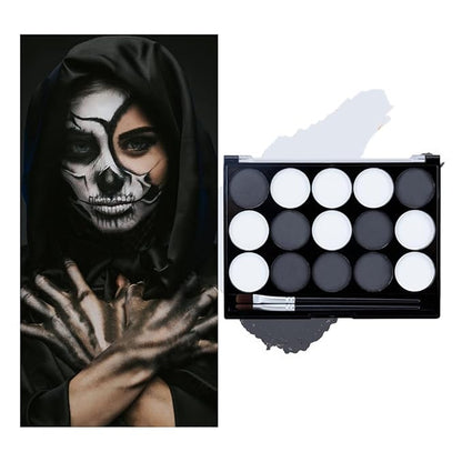Black White Face Body Paint Kit with Brushes for Art Theater Halloween Party Cosplay Clown Sfx Makeup for Adult, Pro Water Activated Face Body Paint Washable Zombie Skeleton Makeup Kit (15 Colors)