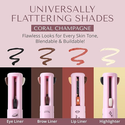 YazzBeauty - 4 in 1 Makeup Touch Up Pen with Brown Mauve Lip Liner, Black Eyeliner, Dark Brown Eyebrow Pencil, and Champagne Gold Highlighter, Compact Beauty Pen, Smudge Proof, Vegan, Cruelty-Free