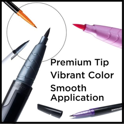 BIC BodyMark Expansion Pack Temporary Tattoo Marker for Skin, Premium Brush Tip, 6 Count Pack of Assorted Colors and Stencils, One Eraser Touch Up Pen, Skin-Safe Temporary Tattoo Markers Set