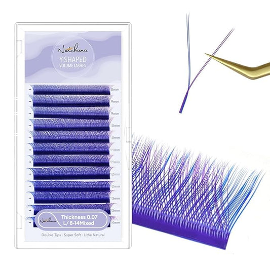 YY Eyelash Extension 0.07mm L Curl 8-14mm Mixed Tray Lash Supplies Premade Fan Y Shape Volume Lash 12 Rows Premium Faux Mink Lash Extensions (8-14 MIX, Blue+Purple;0.07 L)
