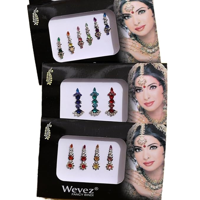 Pack of 6 Multi Color Long Rhinestone Body Glitters Reusable Bindi