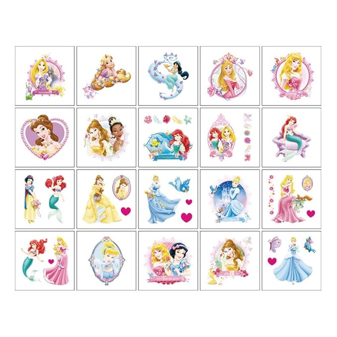 Disney Princess Temporary Tattoos - 20 Sheets, Birthday Party Favors, Cute Cartoon Princess Decoration Stickers for Kids' Home Activity, Class Prizes & Carnival Rewards