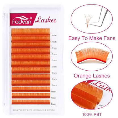 Volume Eyelash Extension 0.07 D Curl 8-14mm Mixed Tray Orange Color Volume Lashes Colored Lash Extensions Easy fan Colored Lashes Rapid Blooming Lashes 2D-20D Use by FADVAN (Orange-D, 8-14mm)