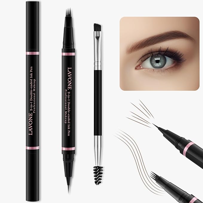 Eyebrow Pencil,2-in-1 Waterproof Eyebrow Pen with 4 Tip Brow Pen and Ultra-Precise Brow Pencil,with Dual-ended Eyebrow Brush,Eyebrow Makeup for Natural Looking Eyebrows - KYN Dark Brown