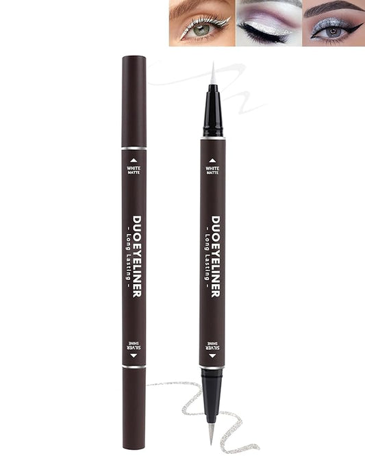 Sliver Glitter Liquid Eyeliner White Eye Liner Pen,2 in 1 Longlasting Waterproof Eyeliner Pencil,Metallic Shimmer Liner Eyeshadow Eye Makeup Pen, High Pigmented Smudgeproof Liner Pen for Women