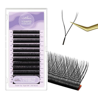 YY Eyelash Extension 0.05mm C Curl 9-15mm Mixed Tray Lash Supplies Premade Fans Y Shape Volume Lash 12 Rows Premium Faux Mink Lash Extensions (9-15 MIX, Black ;0.05 C)