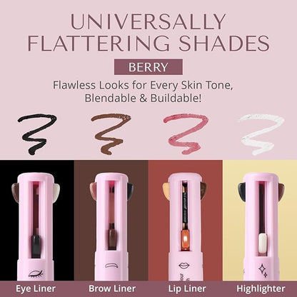 YazzBeauty - 4 in 1 Makeup Touch Up Pen with Berry Lip Liner, Black Eyeliner, Medium Brown Eyebrow Pencil, and White Shimmer Highlighter, Compact Beauty Pen, Smudge Proof, Vegan, Cruelty-Free