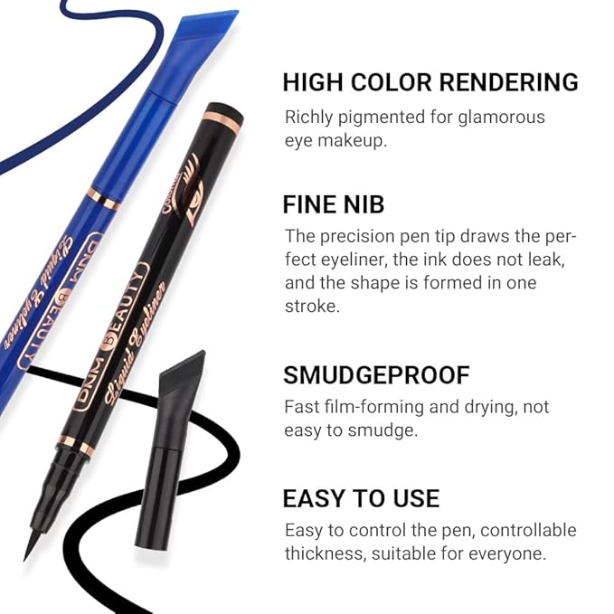 evpct 3Pcs Black Royal Blue White Liquid Wing Eyeliner Stamp Eye Pencil Makeup Set Waterproof Colored Color Eye Liners Stamps Shapes delineador de ojos contra el agua delineadores de colores para ojos