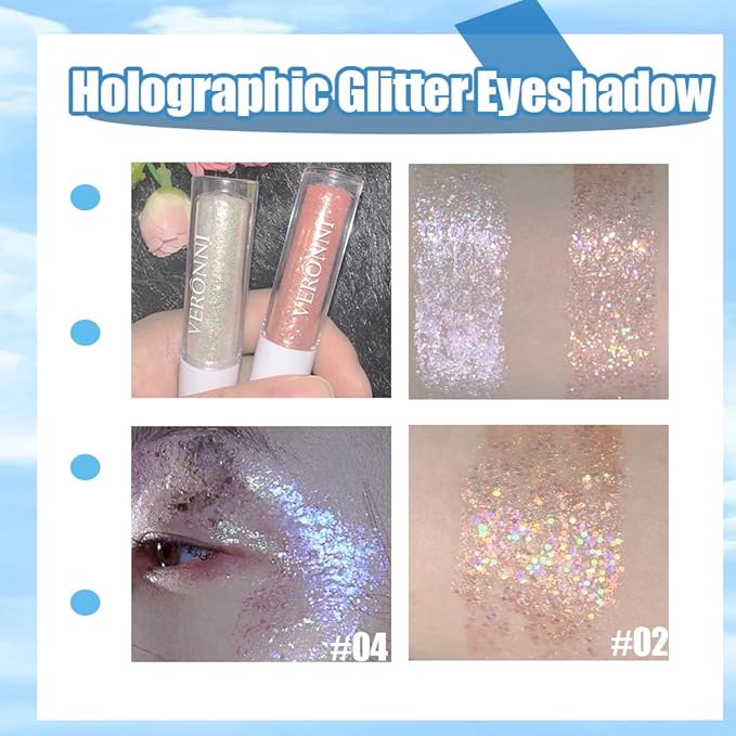 Sparkle Liquid Eyeshadow Kit 2 Colors Quickly Drying Glitter Liquid Eyeshadow Makeup Shimmer Liquid Eyeliner Waterproof Long Lasting Shiny Sequins Chunky Eye Shadow for Face & Body(#02#04)