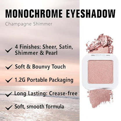 evpct Champagne Shimmer Single Eyeshadow Palette, Rose Gold Ice Pink Nude Glitter Cream Eye shadow Palette Singles Brightener Makeup for Older Women, High Pigment Waterproof Monochrome Mini Eyeshadow