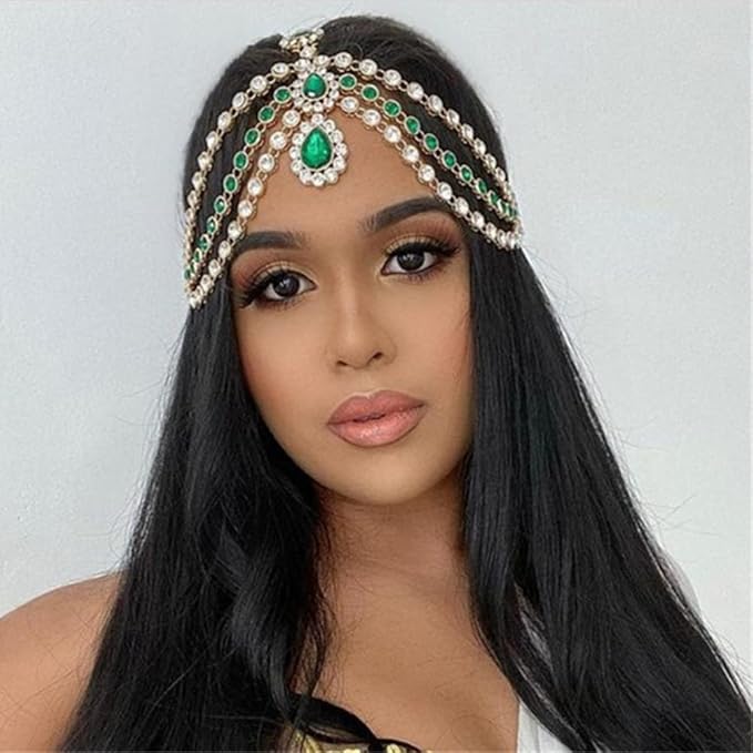 Xerling Green Crystal Pendant Head Chain Boho Layered Rhinestones Forehead Headpiece Tassel Head Jewelry for Women Wedding Hair Clip Accessories for Brides (Green-Gold)