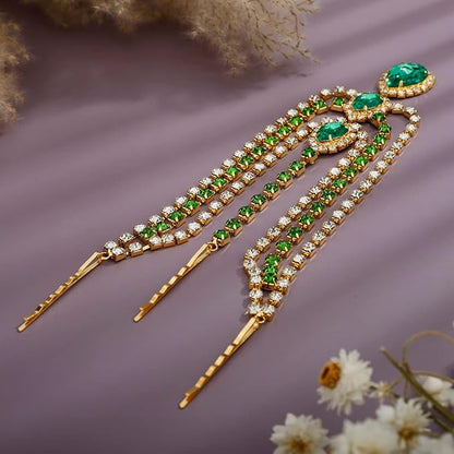 Xerling Green Crystal Pendant Head Chain Boho Layered Rhinestones Forehead Headpiece Tassel Head Jewelry for Women Wedding Hair Clip Accessories for Brides (Green-Gold)