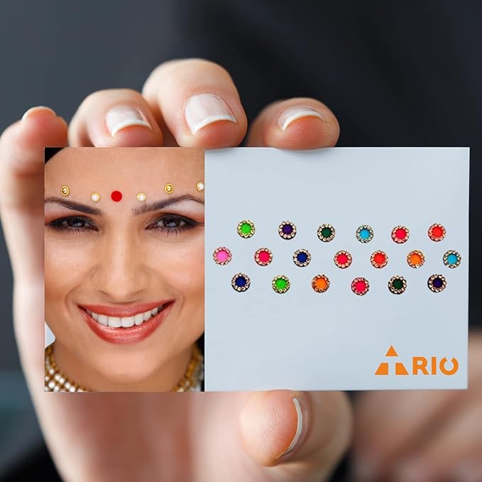 Trio Premium Crystal Stone Collection Multicolor Medium Size Round Bindis for Women, Pack of 1