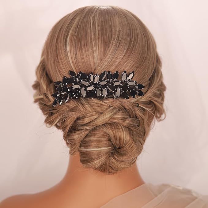 Kercisbeauty Wedding Bridal Black Rhinestones Beads Hair Comb Side Hair Jewelry for Prom Party Halloween Handmade Side Headpiece