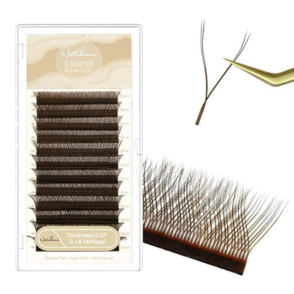 YY Eyelash Extension 0.07mm D Curl 8-14mm Mixed Tray Lash Supplies Premade Fans Y Shape Volume Lash 12 Rows Premium Faux Mink Lash Extensions (8-14 MIX, Brown;0.07 D)