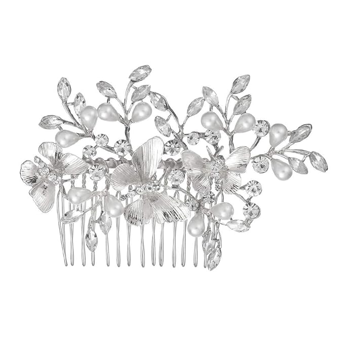 Kercisbeauty Wedding Bridal Butterfly Champagne Hair Comb Crystal Headband for Brides Evening Party Women Headpiece (Silver)