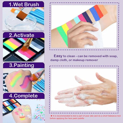 Face Painting Kit - Professional Rainbow Split Cake for Body & Face Makeup, Water Activated, 10 x 10g, with Stickers, Brushes, Sponges, for Halloween, Christmas, Easter, Parties
