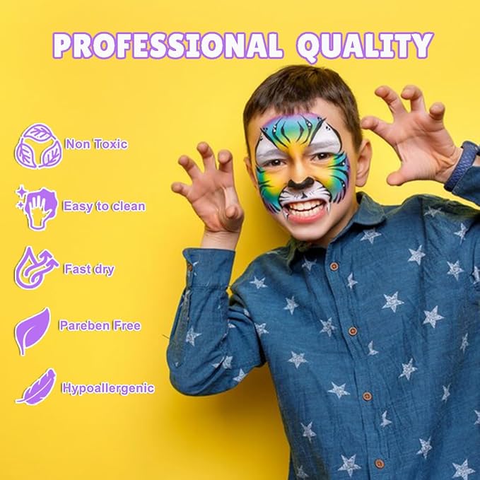Bowitzki Face Paint Kit with 13 Colors, 12 Stencils, 2 Glitters, 2 Sponges, 2 Brushes, 1 Sheet Gems, Water Based Face Painting Kit for Kids, Safe Professional Halloween Party Makeup Set