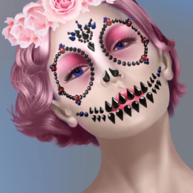 Day of the Dead Face Gems Jewels Tattoos Halloween Face Temporary Skull Tattoos Rhinestone Crystal Stones Body Gems Makeup Stickers DIY Self Adhesive for Women and Girls 2Pcs