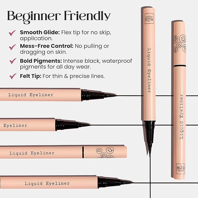 M2U NYC Waterproof Liquid Eyeliner Pen – Up to 24 Hour Wear, Smudge-Proof Black Eye Liner with Bold Pigments -Vegan & Hypoallergenic Formula Infused with Vitamin E