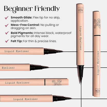 M2U NYC Waterproof Liquid Eyeliner Pen – Up to 24 Hour Wear, Smudge-Proof Black Eye Liner with Bold Pigments -Vegan & Hypoallergenic Formula Infused with Vitamin E