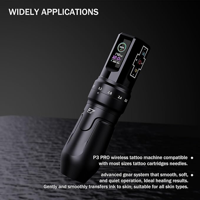 EZ Tattoo Gun Machine - 6 Strokes 2.0, 2.4, 2.8, 3.3, 3.7, 4.2mm Tattoo Machine Pen with OLED Digital Display 1600mAh Power Tattoo Supply (P3 Pro Gloss Gray)