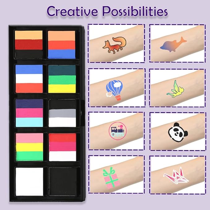 Face Painting Kit - Professional Rainbow Split Cake for Body & Face Makeup, Water Activated, 10 x 10g, with Stickers, Brushes, Sponges, for Halloween, Christmas, Easter, Parties