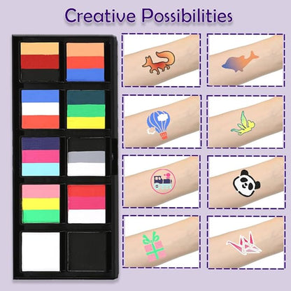 Face Painting Kit - Professional Rainbow Split Cake for Body & Face Makeup, Water Activated, 10 x 10g, with Stickers, Brushes, Sponges, for Halloween, Christmas, Easter, Parties