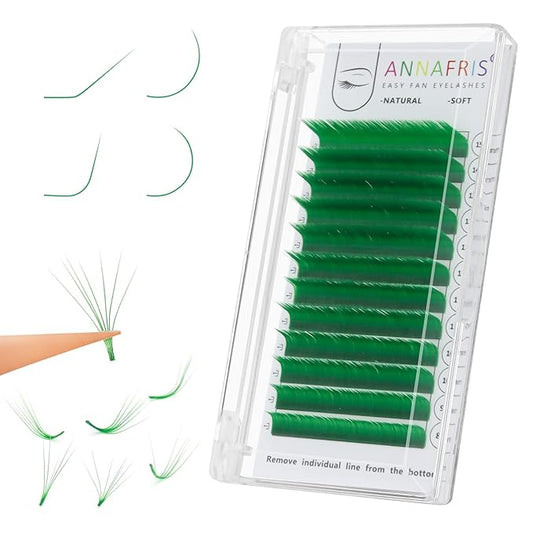Colored Eyelash Extension Easy Fan Green 0.10 L Curl 8-15mm Mixed Volume Lash Extension Individual False Eye Lashes With Color By ANNAFRIS (Easy Fan Green,0.10 L 8-15mm Mix)