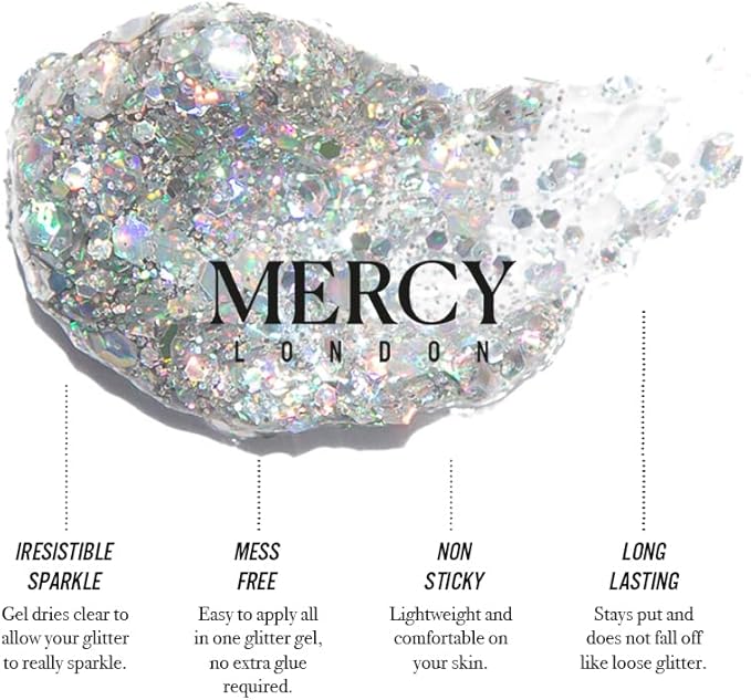 MERCY LONDON Glitter Glitz Silver Holographic Gel. 50ml Chunky Glitter Gel for Hair, Eye and Body