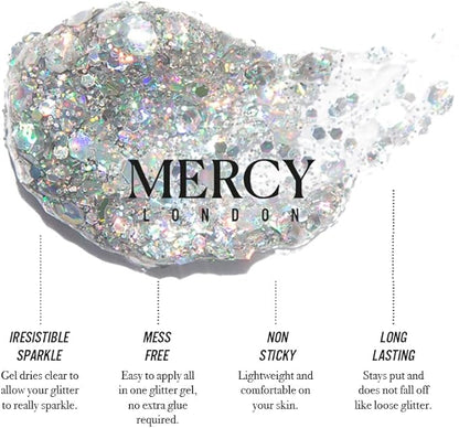 MERCY LONDON Glitter Glitz Silver Holographic Gel. 50ml Chunky Glitter Gel for Hair, Eye and Body