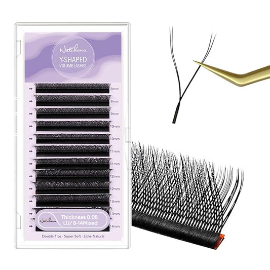 YY Eyelash Extension 0.05mm LU Curl 8-14mm Mixed Tray Lash Supplies Premade Fans Y Shape Volume Lash 12 Rows Premium Faux Mink Lash Extensions (8-14 MIX, Black ;0.05 LU)