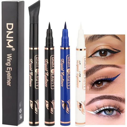 evpct 3Pcs Black Royal Blue White Liquid Wing Eyeliner Stamp Eye Pencil Makeup Set Waterproof Colored Color Eye Liners Stamps Shapes delineador de ojos contra el agua delineadores de colores para ojos